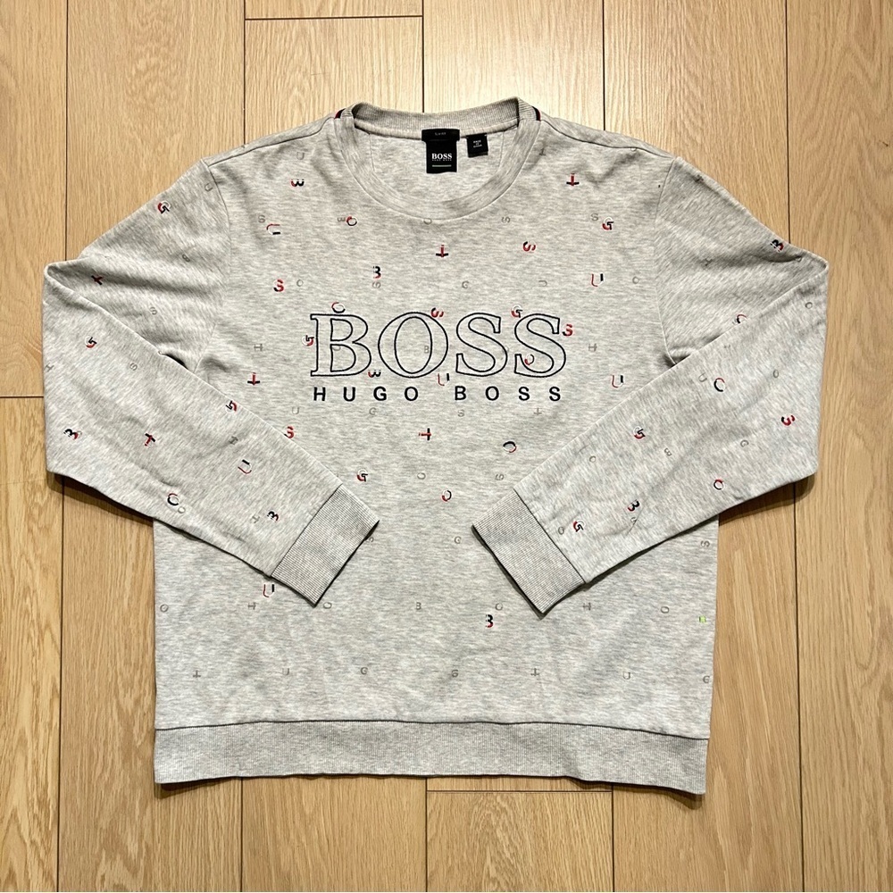 Hugo Boss Crewneck Sweatshirt Grey All Over Letter Logo Print Medium